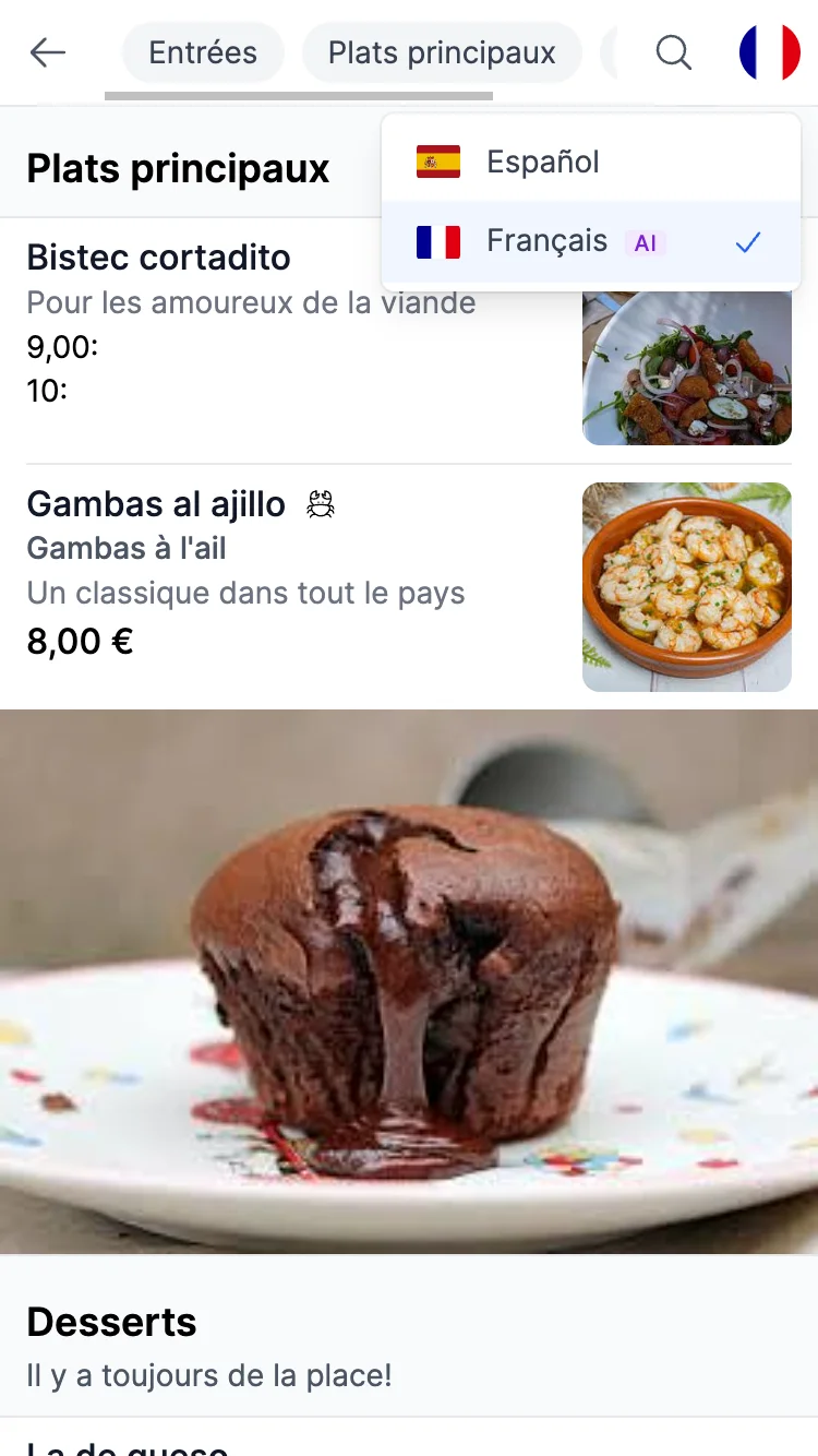 Restaurant menu translated to French with AI