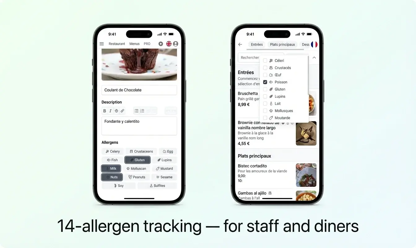 Upravljanje alergenima u TopFood aplikaciji — prikaz za osoblje i filter za alergene koji gost koristi jedni pored drugih