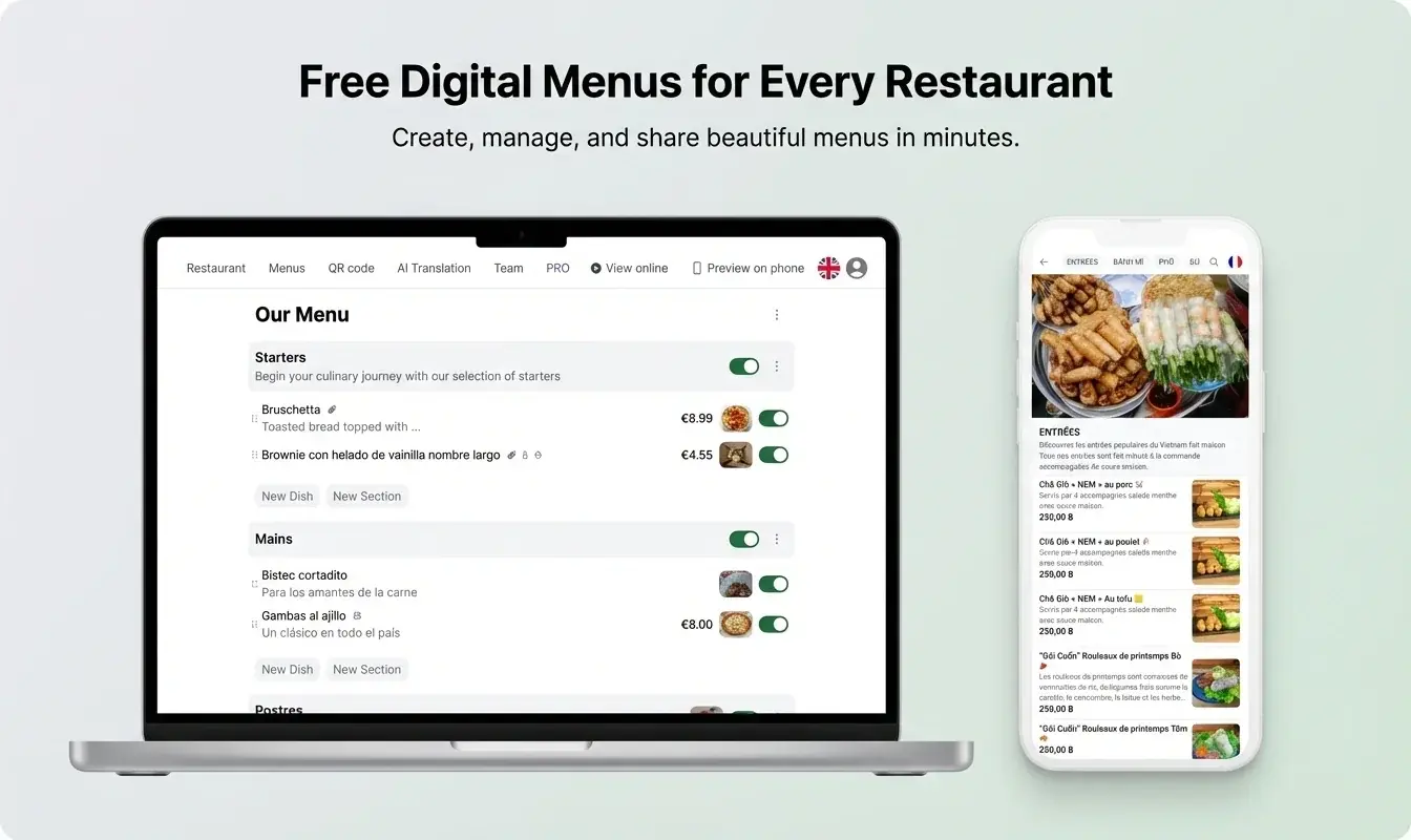 Top Food App digital menu on desktop and mobile — fully responsive design