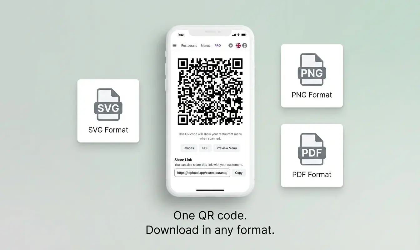 صفحهٔ دانلود کد QR اپ TopFood که گزینه‌های خروجی SVG، PNG و PDF را نشان می‌دهد